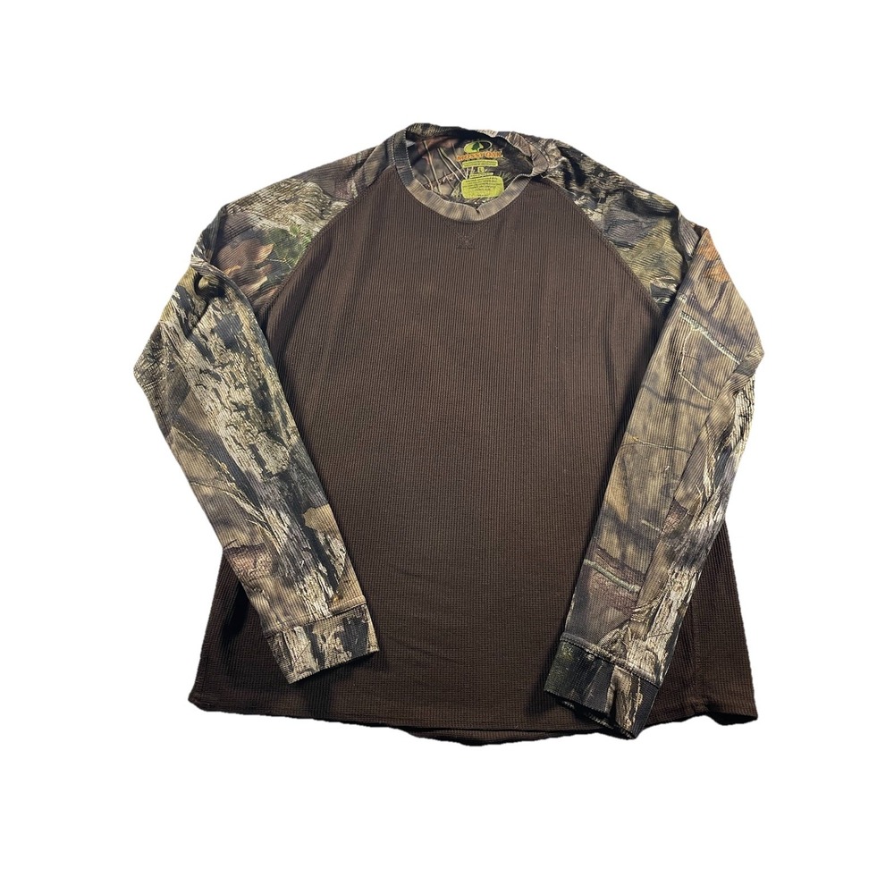 Mossy Oak Thermal Shirt Mens Large Brown Camo Long Sleeve Waffle Knit Hunting
